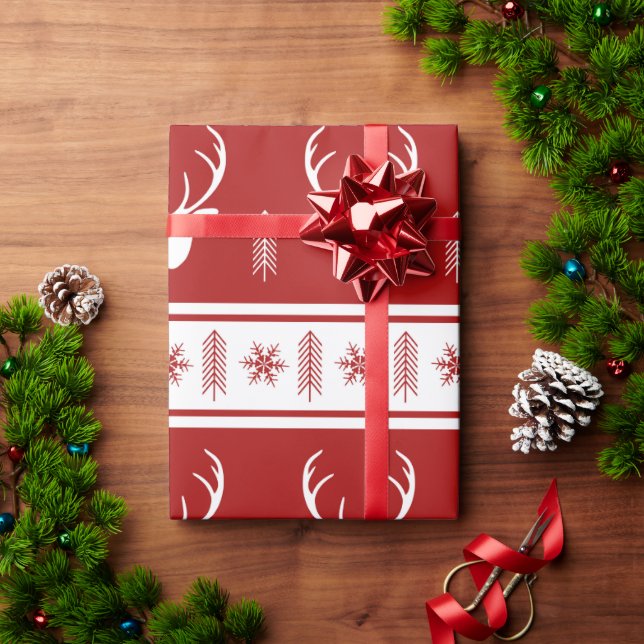 Papel De Regalo Navidades del Boho Red White Reindee Snowflake (Regalo de vacaciones)