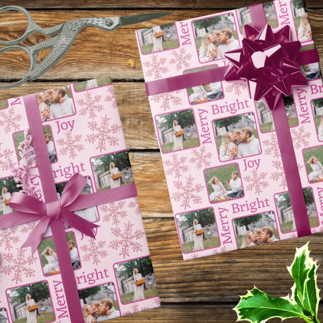Papel De Regalo Navidades del Collage de fotos Snowflake Pink Glam (Add your favorite photos to this pink snowflake design for custom designer Christmas wrapping paper)