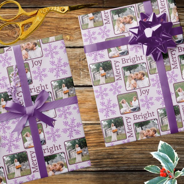 Papel De Regalo Navidades del Collage de fotos Snowflake Purple Gl (Create your own photo wrapping paper with purple snowflakes and a little faux glitter Christmas glam)