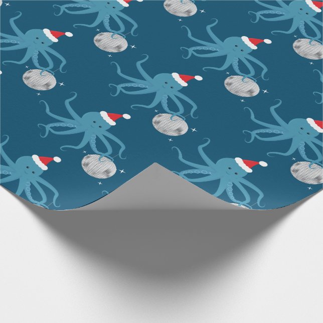 Papel De Regalo Navidades del Disco Ball Blue Octopus Santa Hat (Esquina)