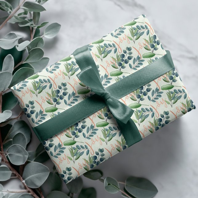 Papel De Regalo Navidades del follaje floral de salchichas verdes  (Joy Script Green Sage Floral Foliage Christmas Wrapping Paper)