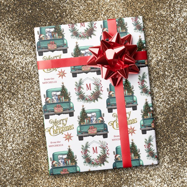Papel De Regalo Navidades del Monograma del Camión Retro de Husky  (Subido por el creador)