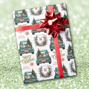 Papel De Regalo Navidades del Monograma del Camión Retro de Perro
