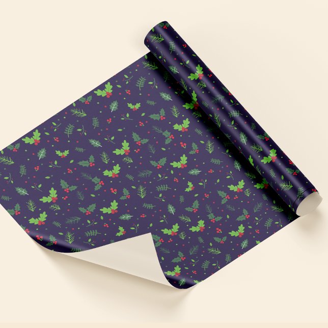 Papel De Regalo Navidades del patrón de Berries de Blue Red Green (Blue Red Green Leaves Berries Pattern Christmas Wrapping Paper)