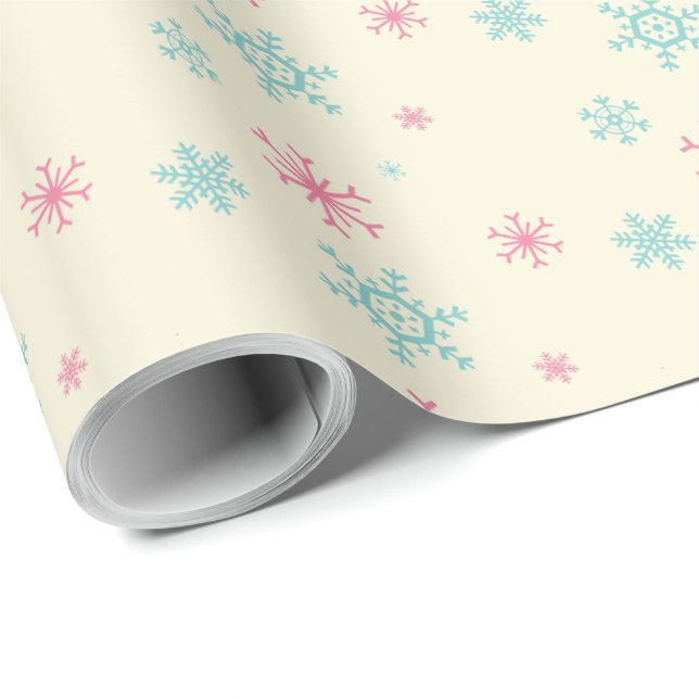 Papel De Regalo Navidades Del Patrón De Copos De Nieve Rosados Y A (Esquina del rollo)