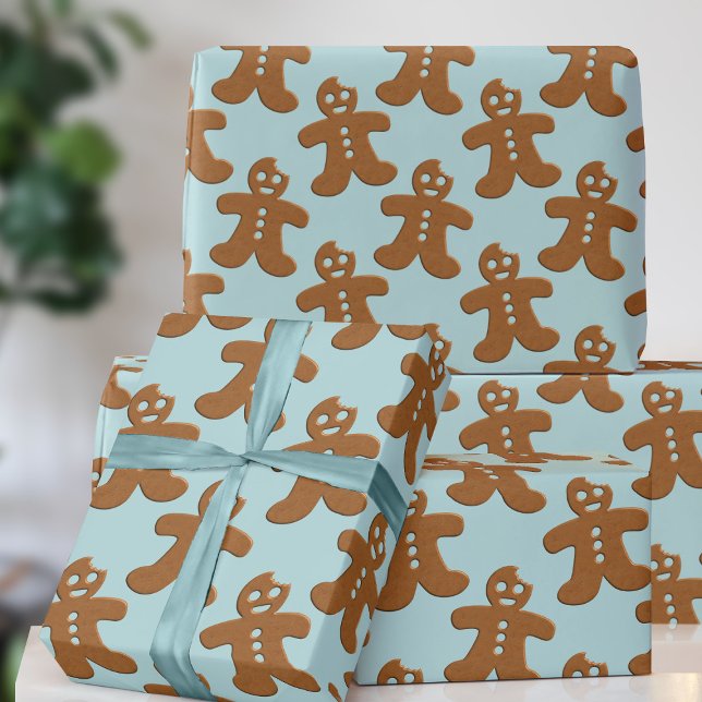 Papel De Regalo Navidades del patrón de hombre de pan de jengibre  (A fun and festive gingerbread cookie pattern on a robin egg blue. Not traditional but full of joy!)