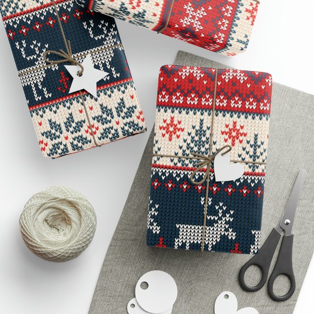 Papel De Regalo Navidades del patrón de punto renos nórdicos (Faux Knitting Pattern Christmas Wrapping Paper)