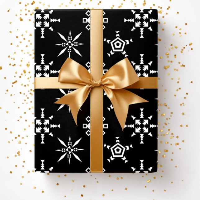Papel De Regalo Navidades del patrón del copo de nieve negro festi (Black Festive Christmas Winter Snowflake Pattern Wrapping Paper)