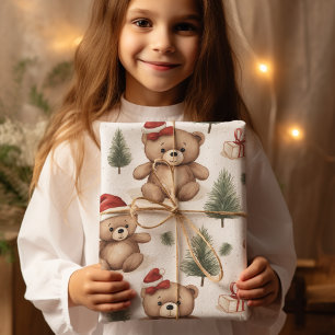 Papel De Regalo Navidades del Watercolor Santa Teddy Bear & Pine T
