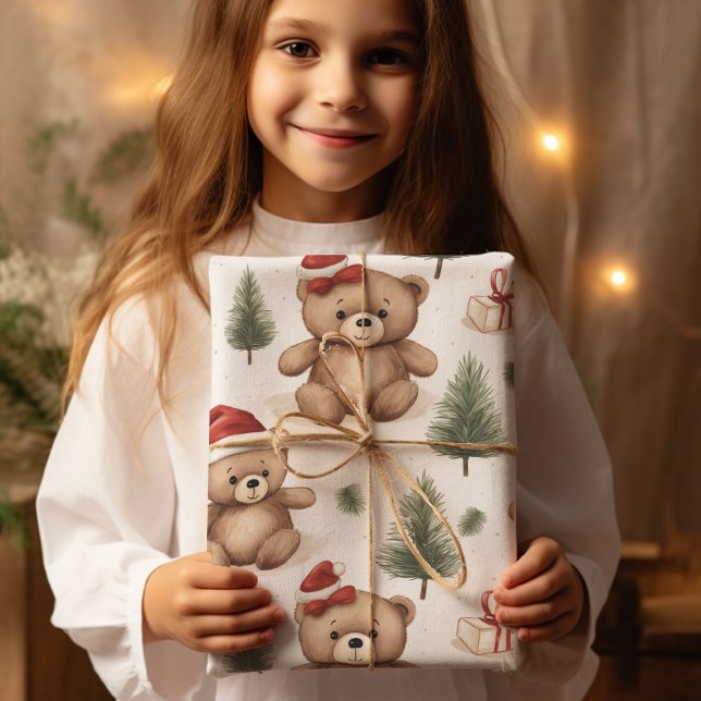 Papel De Regalo Navidades del Watercolor Santa Teddy Bear & Pine T (Subido por el creador)