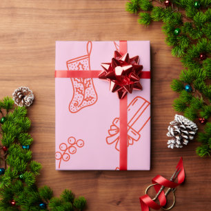 Papel De Regalo Navidades dibujados a mano rosa y rojo