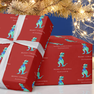 Papel De Regalo Navidades Dinosaur T-Rex Niños personalizados Red