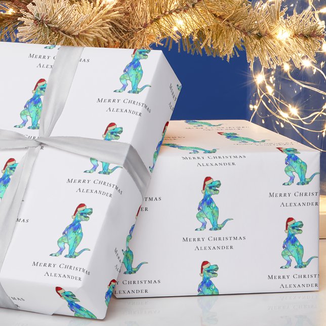 Papel De Regalo Navidades Dinosaur T-Rex Personalizado (Personalized Christmas dinosaur holiday gift wrap funny colorful Jurassic festive Santa T-Rex dino)