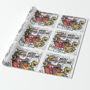 Papel De Regalo Navidades divertidos de Santa Sleigh y T-rex Dinos