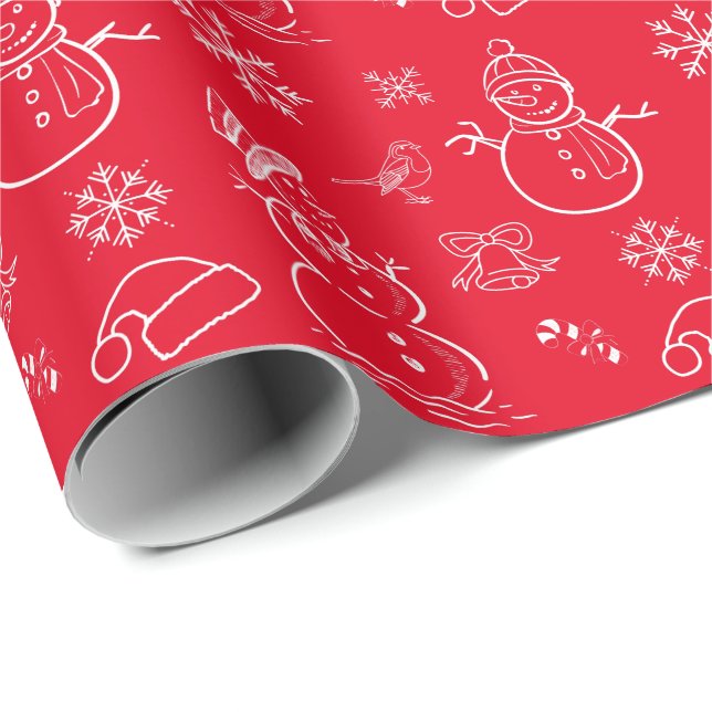Papel De Regalo Navidades Doodle Snowman Funny Red and White (Esquina del rollo)