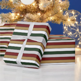 Papel De Regalo Navidades Dorado Verde Rojo Plata Y Bandas Blancas