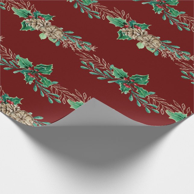 Papel De Regalo Navidades Elegant Burgundy Gold Holly Berries (Esquina)