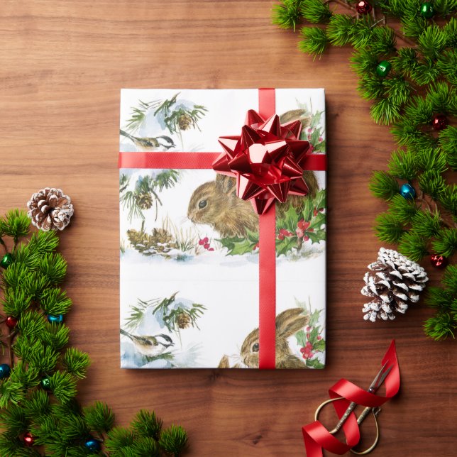 Papel De Regalo Navidades Elegantes Conejito Y Aves Con Nieve (Regalo de vacaciones)
