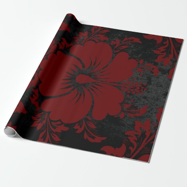 Papel De Regalo Navidades elegantes de damasco rojo y negro (Desenrollado)