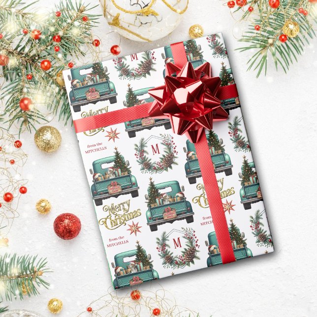 Papel De Regalo Navidades en Monograma de Camión Retro de Perro Be (Subido por el creador)