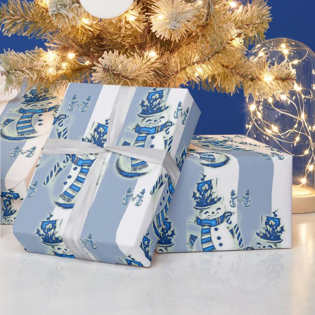 Papel De Regalo Navidades envueltos en franja blanca y azul Snowma (Vacaciones)