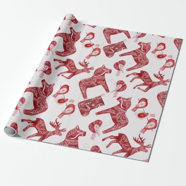 Papel De Regalo Navidades escandinavos Dala Horse Folk Art (Desenrollado)