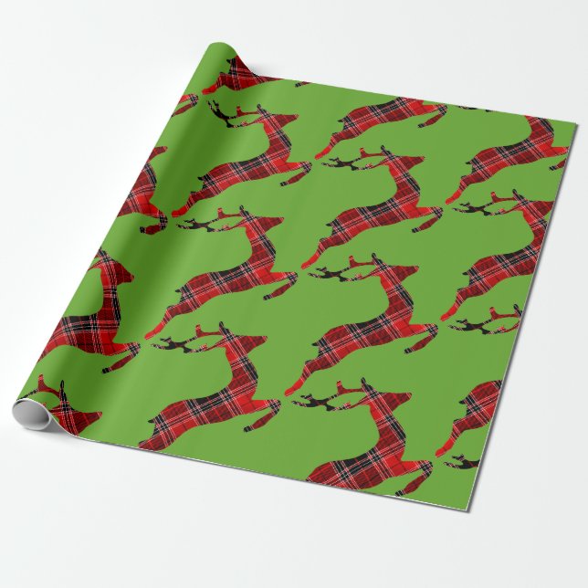 Papel De Regalo Navidades escoceses de reno de Tartán Rojo (Desenrollado)