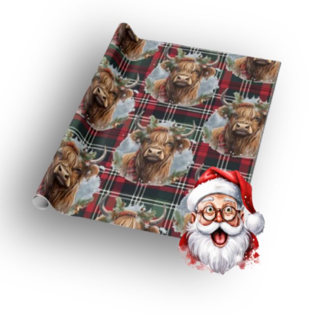 Papel De Regalo Navidades Escocia Tartán verde rojo Highlander (Merry Christmas Cow)