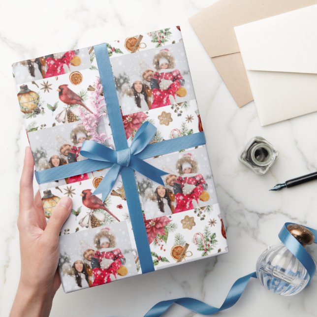 Papel De Regalo Navidades familia foto patrón fiesta blanco rojo (Regalar)