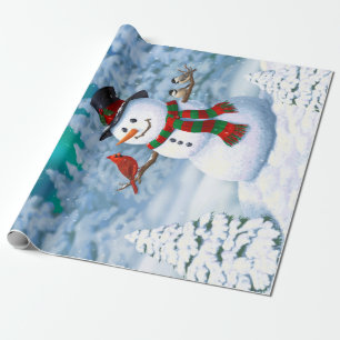 Papel De Regalo Navidades felices Snowman y Birds Winter Scene
