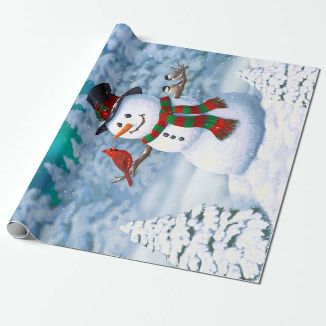 Papel De Regalo Navidades felices Snowman y Birds Winter Scene (Desenrollado)