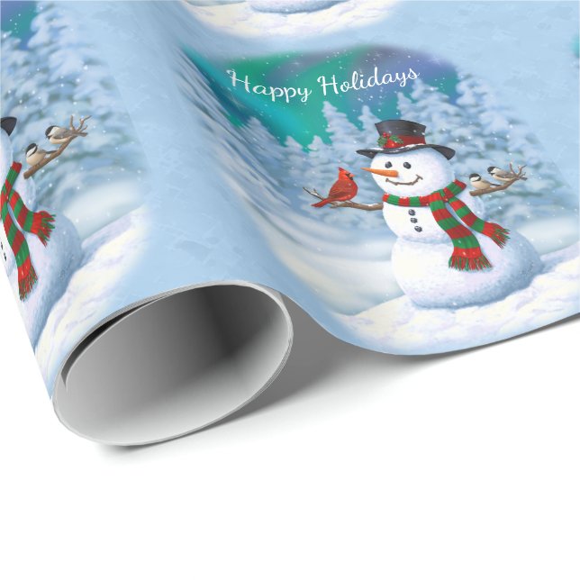 Papel De Regalo Navidades felices Snowman y Birds Winter Scene (Esquina del rollo)