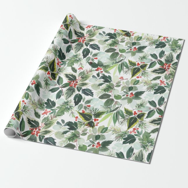 Papel De Regalo Navidades festivos acuarela Foliage Holly Berry (Desenrollado)