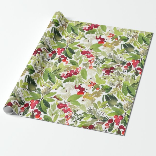 Papel De Regalo Navidades festivos acuarela Foliage Holly Berry (Desenrollado)