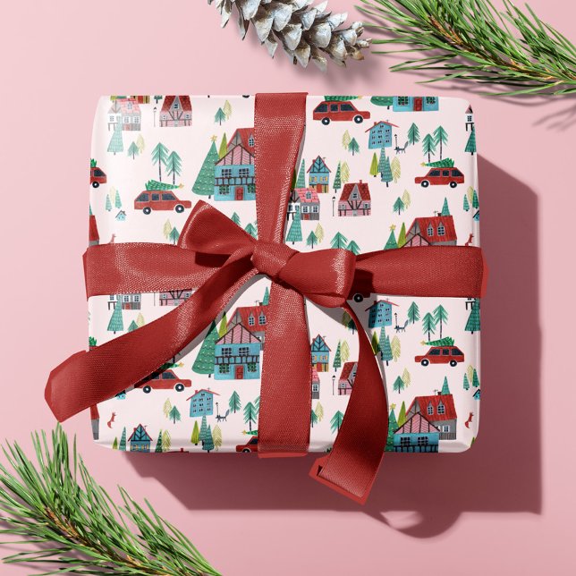 Papel De Regalo Navidades festivos Car Tree Village Coche Retro Ro (Festive Christmas Car Tree Village Pink Retro Car Wrapping Paper)