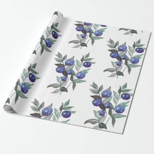 Papel De Regalo Navidades festivos de color azul Berries en blanco
