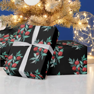 Papel De Regalo Navidades festivos de color rojo Berries en negro