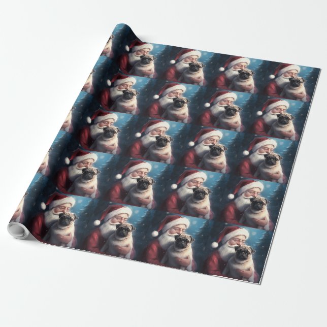 Papel De Regalo Navidades festivos de Pug con Santa Claus (Desenrollado)