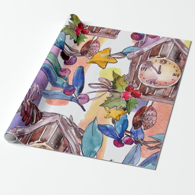 Papel De Regalo Navidades festivos Ilustracion acuarela (Desenrollado)