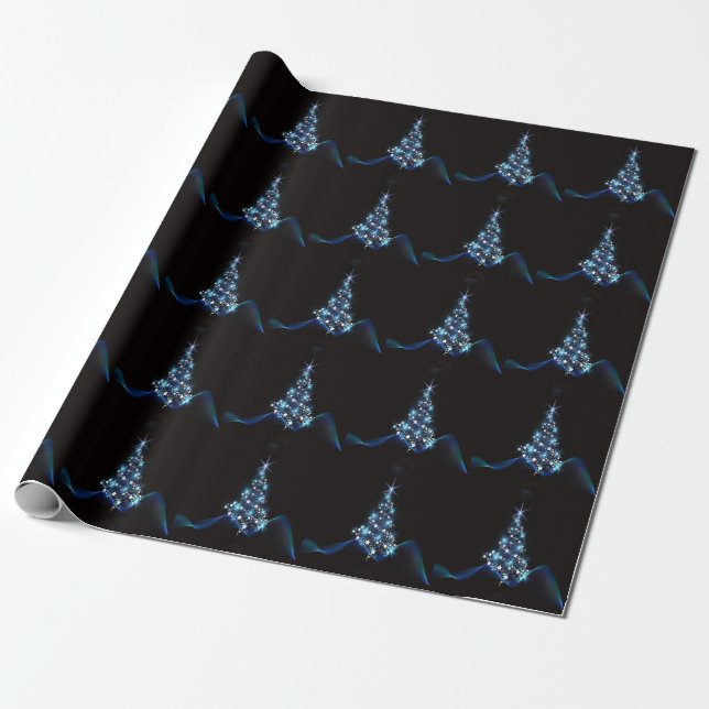 Papel De Regalo Navidades Fiesta Árbol azul brillante negro elegan (Desenrollado)