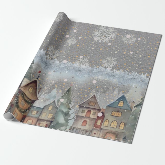 Papel De Regalo Navidades finales Aldea Nieve Acero Gris (Desenrollado)