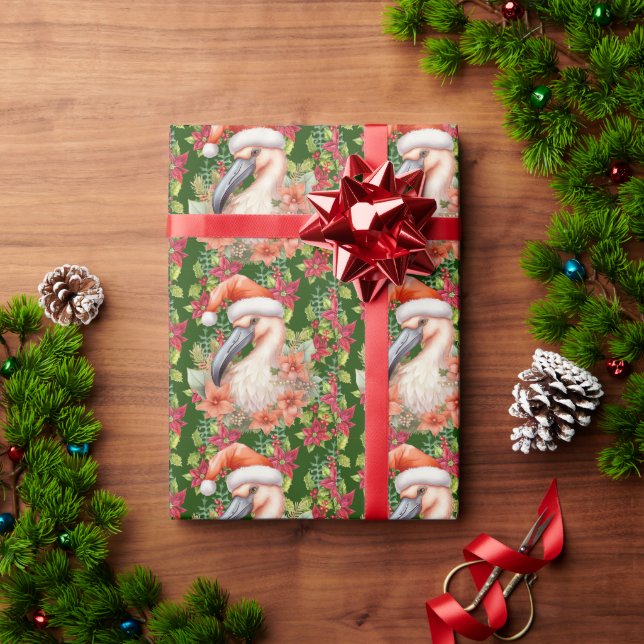 Papel De Regalo Navidades Flamingo con Santa Hat y Poinsettia (Regalo de vacaciones)