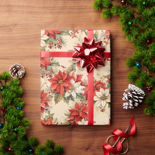 Papel De Regalo Navidades Floral Invierno Crema de Poinsettias Gra (Regalo de vacaciones)