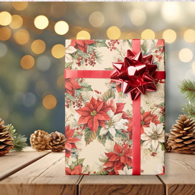 Papel De Regalo Navidades Floral Invierno Crema de Poinsettias Gra (Christmas Floral Winter Large Poinsettias Cream Wrapping Paper)