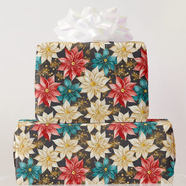 Papel De Regalo Navidades Floral Poinsettia Diseñador Red Turquois