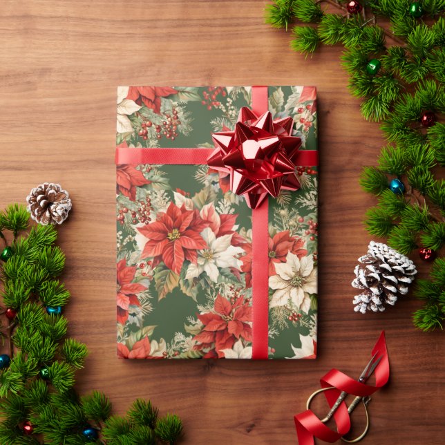Papel De Regalo Navidades Floral Winter Grandes Poinsettias (Regalo de vacaciones)