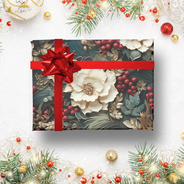 Papel De Regalo Navidades florales de bayas rojas de invierno rúst (vintage floral christmas wrapping paper)