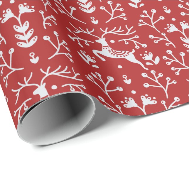 Papel De Regalo Navidades florales de renos rojos y blancos (Esquina del rollo)