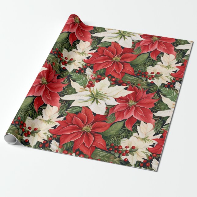 Papel De Regalo Navidades Flores Blancas Rojas (Desenrollado)