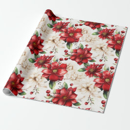 Papel De Regalo Navidades Flores Poinsettia Patrón Verde Rojo